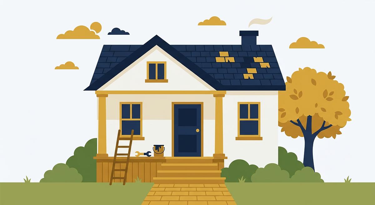Illustration of a house needing minor repairs with a ladder, wrench, and paint can, in navy and gold brand colors