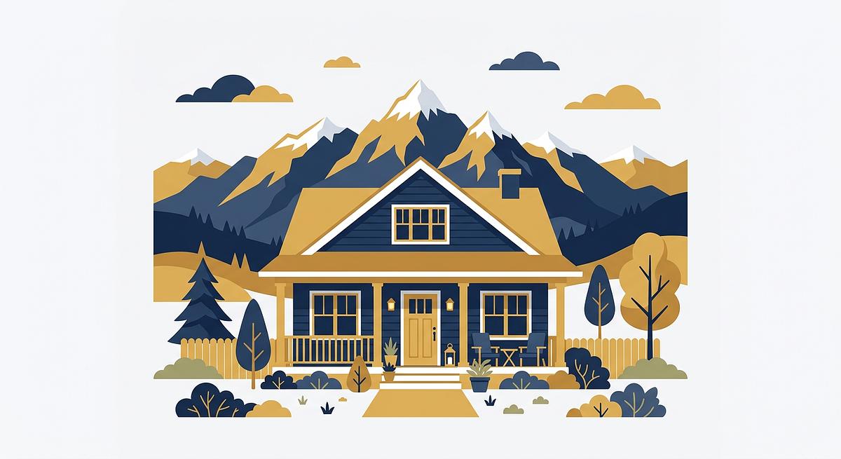 Illustration of a suburban Colorado home with Rocky Mountains behind it, in navy and gold brand colors
