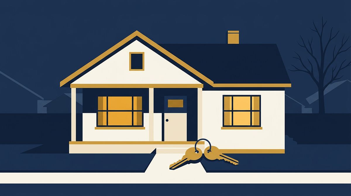 Illustration of a modest Ohio home with a front porch, glowing windows, and a set of keys on the walkway, in navy and gold brand colors