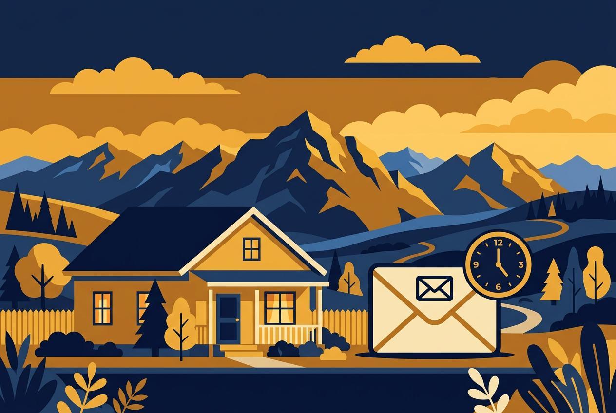 Illustration of a Colorado home at golden hour with an envelope and clock suggesting a mortgage letter deadline, in navy and gold brand colors