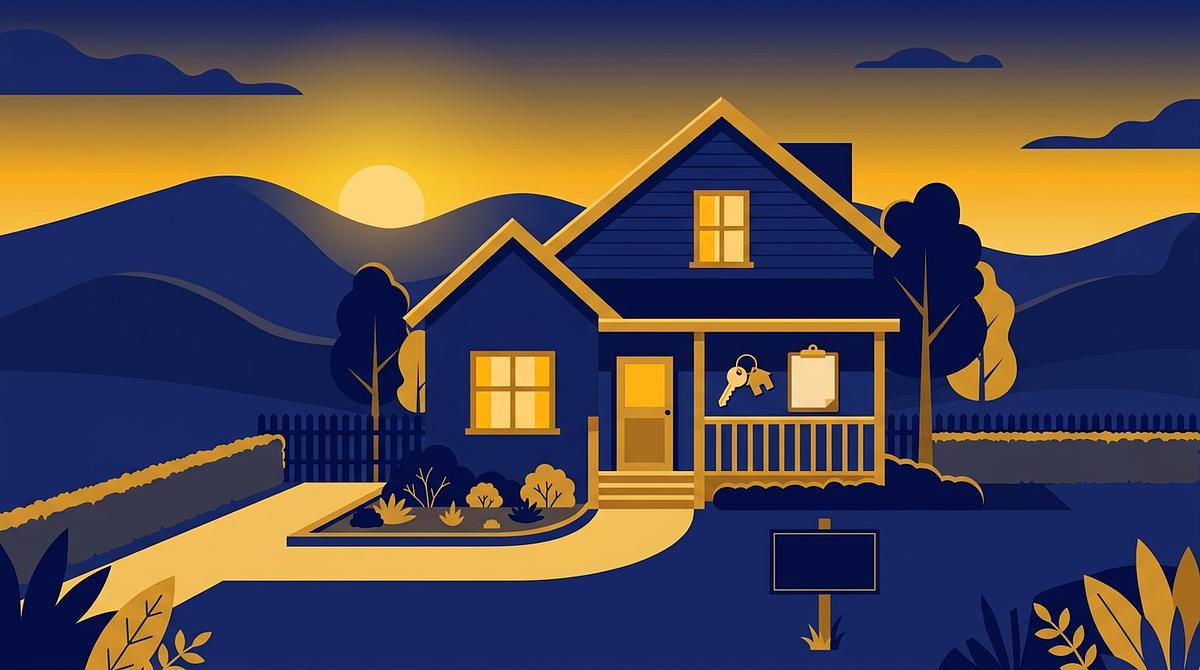 Illustration of a rental house at golden hour with keys and a clipboard on the porch railing and a blank sign post in the yard, in navy and gold brand colors