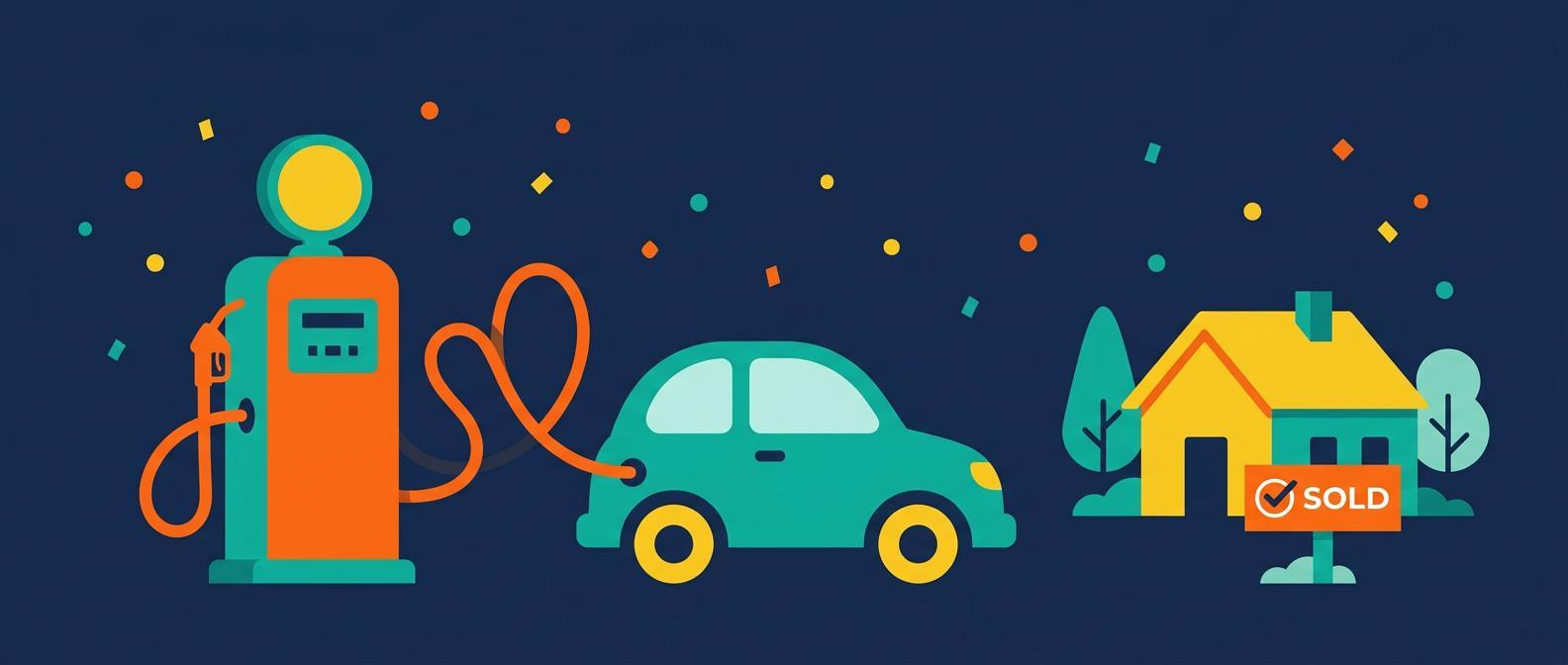 Bright flat illustration of an orange gas pump, a teal car and a sold yard sign with confetti, in orange, teal and yellow on a navy background