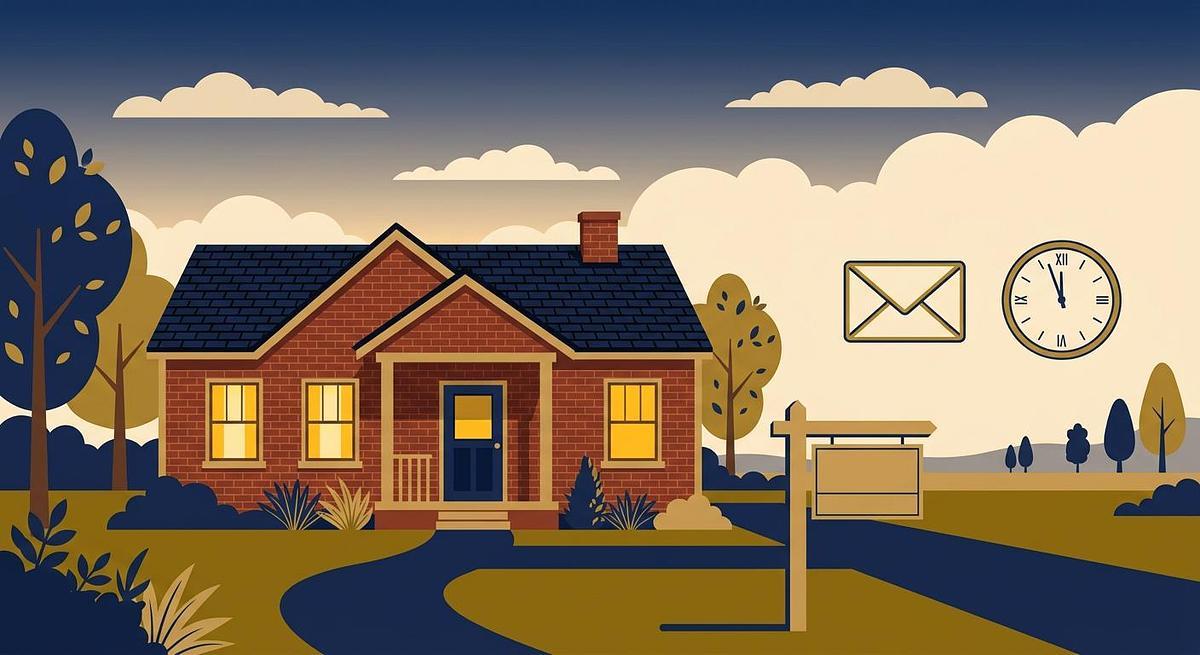 Illustration of a brick Ohio home at golden hour with an envelope and courthouse clock suggesting a mortgage deadline, in navy and gold brand colors